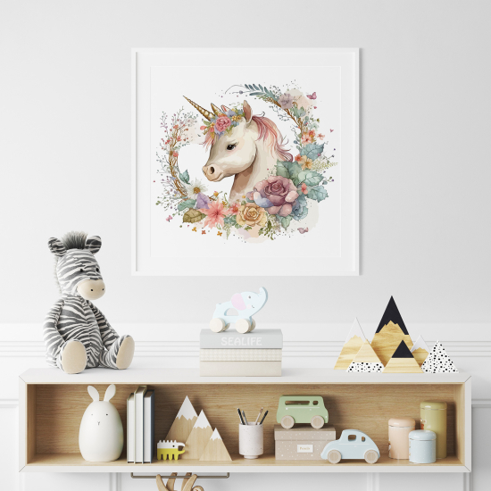 Poster / Affiche carrée Enfants - Licorne fleurs