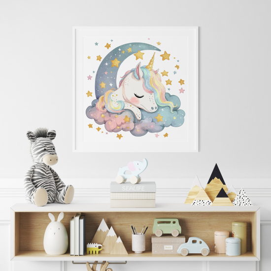 Poster / Affiche carrée Enfants - Licorne Lune étoiles