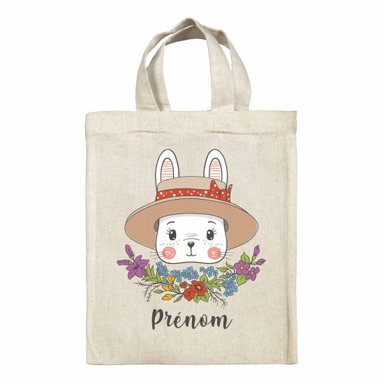 Sac tote bag de Pâques personnalisé - Lapine avec chapeau