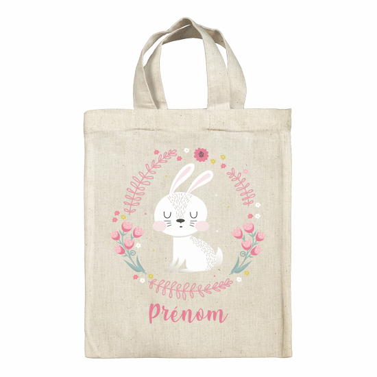 Sac tote bag de Pâques personnalisé - Lapine blanche fleurs