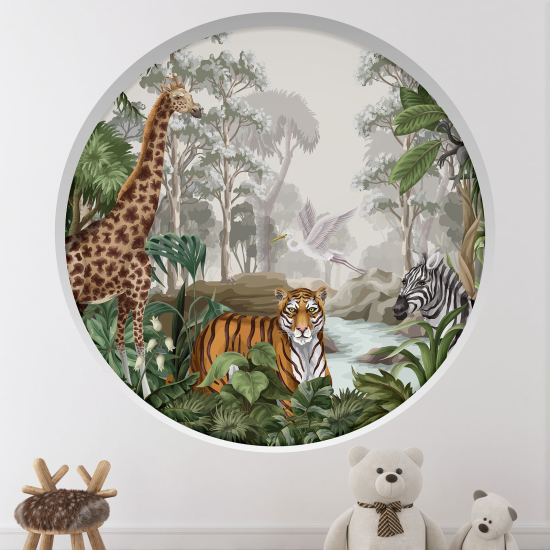 Stickers Trompe l'œil Arche ronde Enfants - Animaux dans la Jungle