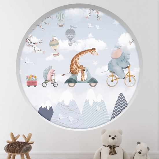 Stickers Trompe l'œil Arche ronde Enfants - Animaux dans le ciel