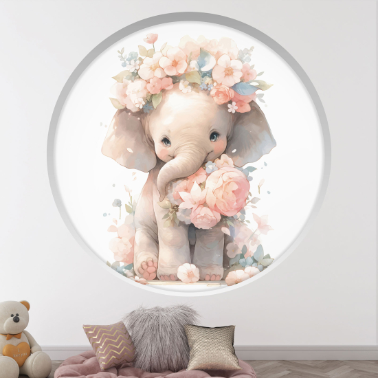 Stickers Trompe l'œil Arche ronde Enfants - Éléphant floral