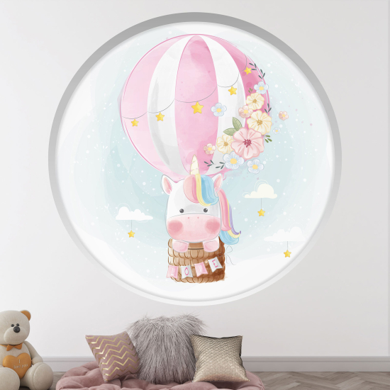 Stickers Trompe l'œil Arche ronde Enfants - Licorne montgolfière