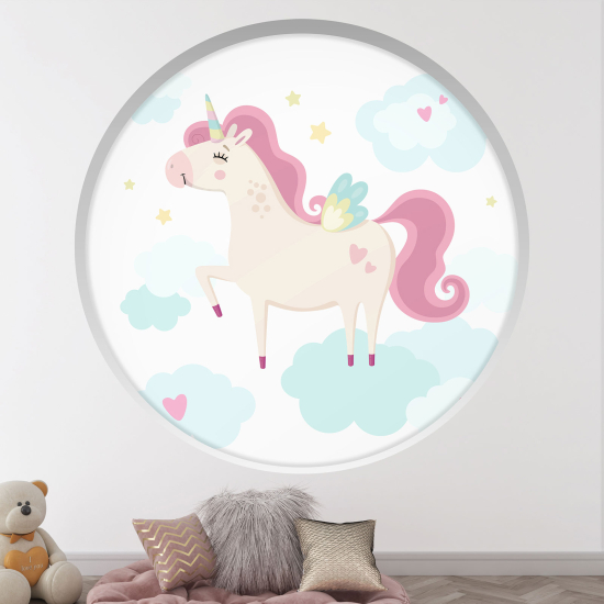 Stickers Trompe l'œil Arche ronde Enfants - Licorne nuages