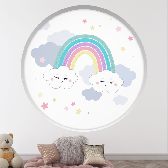 Stickers Trompe l'œil Arche ronde Enfants - Nuages Arc-en-ciel