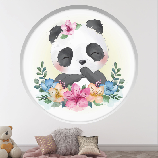 Stickers Trompe l'œil Arche ronde Enfants - Panda fleurs