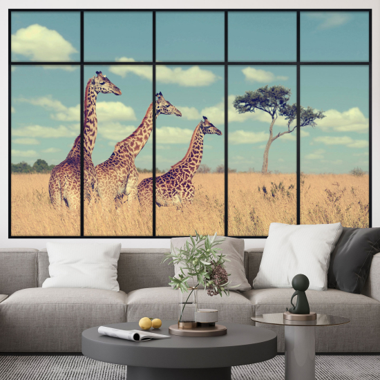 Stickers Trompe l'œil fenêtre verrière - Girafes Savane