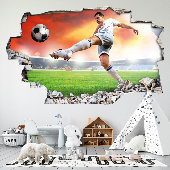 Stickers Trompe l'oeil trou dans le mur - Footballeur