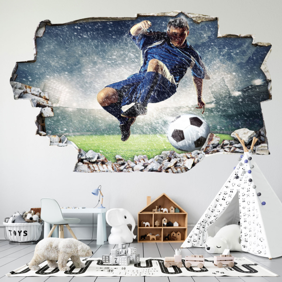 Stickers Trompe l'oeil trou dans le mur - Footballeur