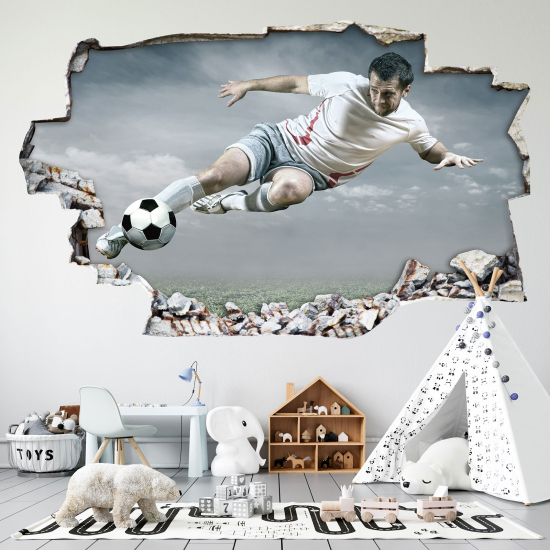 Stickers Trompe l'oeil trou dans le mur - Footballeur