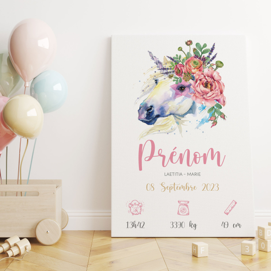 Tableau toile de naissance - Licorne fleurs