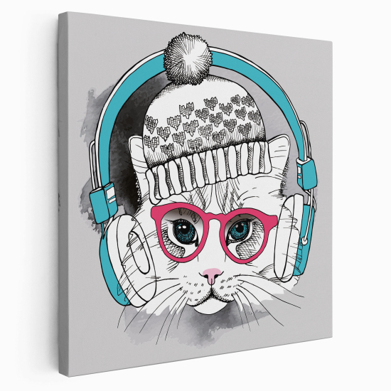 Tableau toile Enfants Carré - Chat casque musique