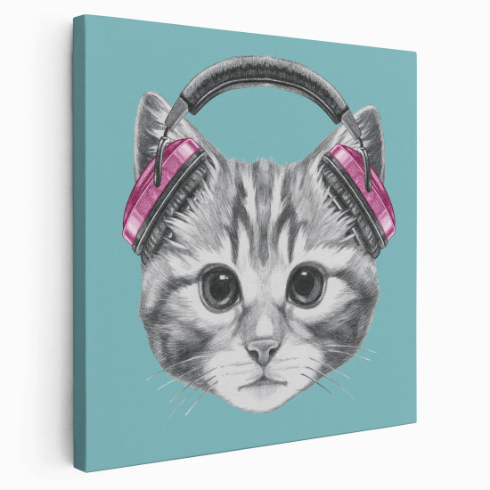 Tableau toile Enfants Carré - Chat casque musique