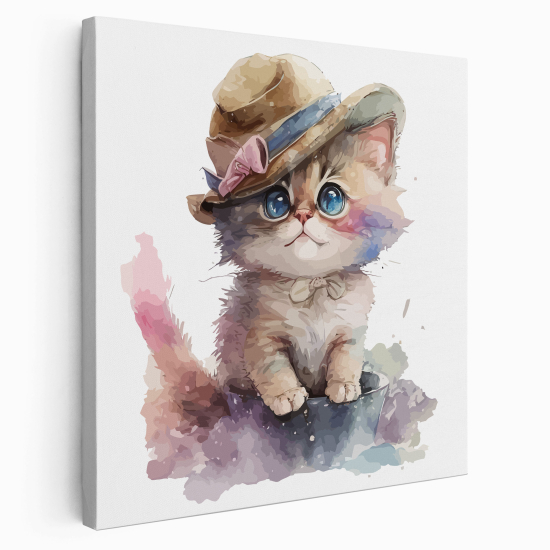 Tableau toile Enfants Carré - Chaton Chapeau