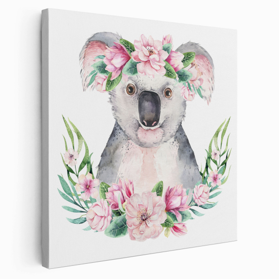 Tableau toile Enfants Carré - Koala Fleurs