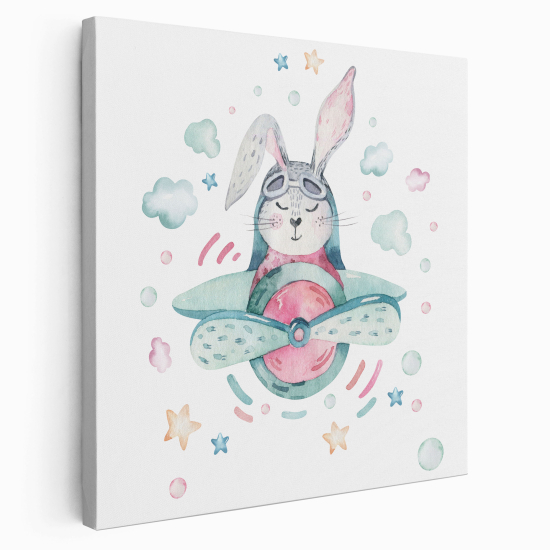 Tableau toile Enfants Carré - Lapin Aviateur