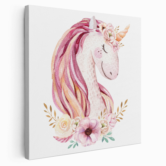 Tableau toile Enfants Carré - Licorne Fleurs