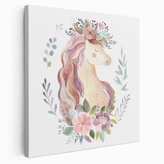 Tableau toile Enfants Carré - Licorne Fleurs