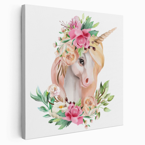 Tableau toile Enfants Carré - Licorne Fleurs