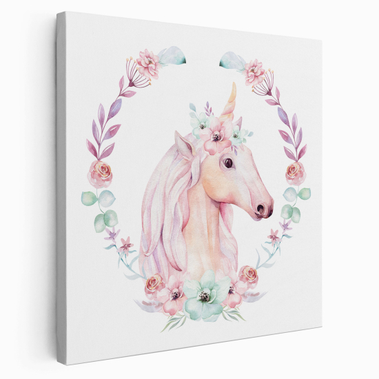 Tableau toile Enfants Carré - Licorne Fleurs