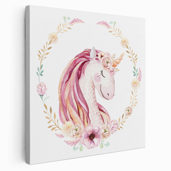 Tableau toile Enfants Carré - Licorne Fleurs