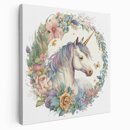 Tableau toile Enfants Carré - Licorne Fleurs