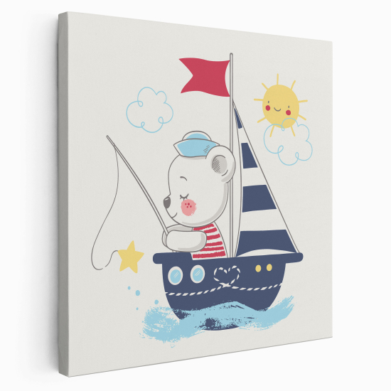 Tableau toile Enfants Carré - Ourson Bateau