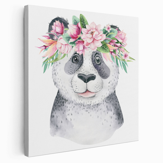 Tableau toile Enfants Carré - Panda Fleurs