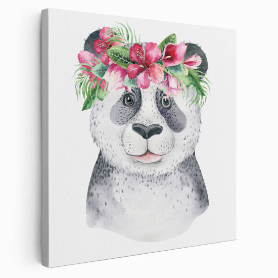 Tableau toile Enfants Carré - Panda Fleurs