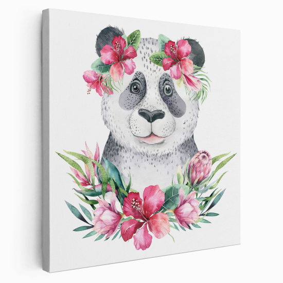 Tableau toile Enfants Carré - Panda Fleurs