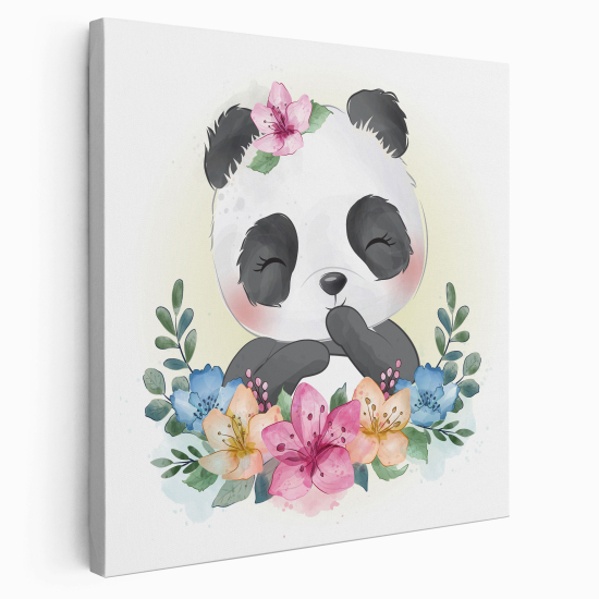 Tableau toile Enfants Carré - Panda Fleurs