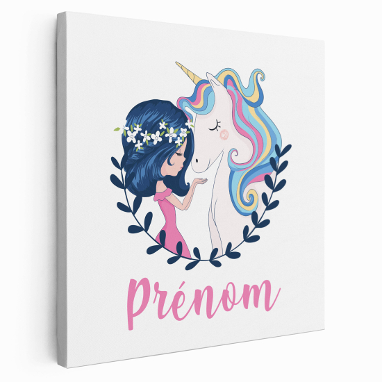 Tableau toile enfants personnalisée avec prénom - Fille et licorne