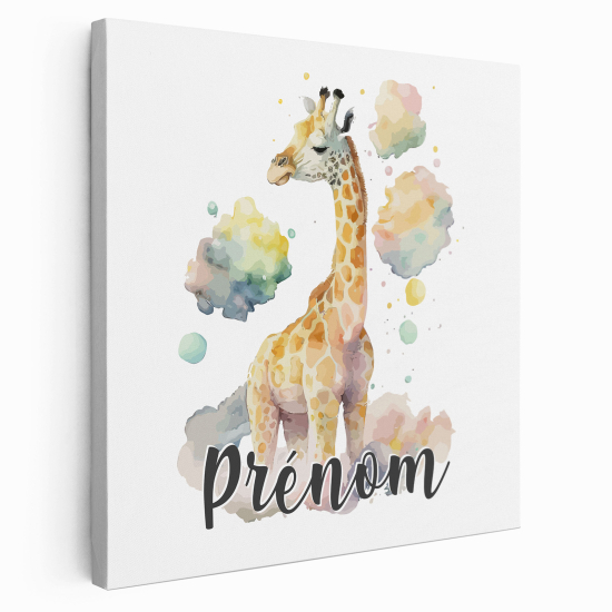 Tableau toile enfants personnalisée avec prénom - Girafe dans les nuages