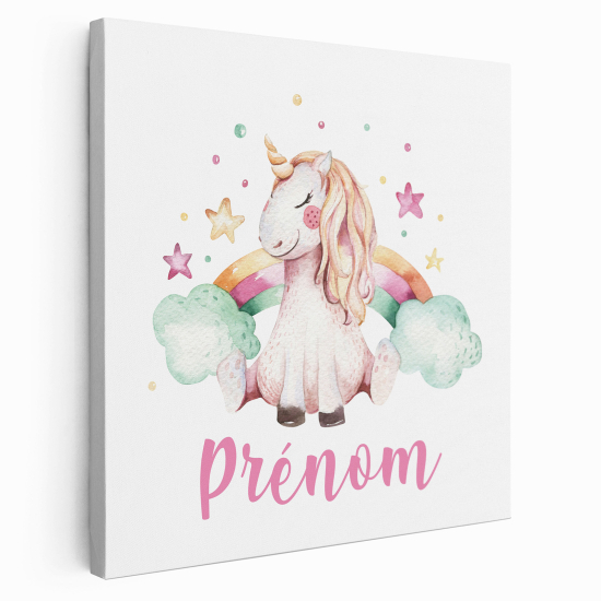 Tableau toile enfants personnalisée avec prénom - Licorne étoiles arc-en-ciel