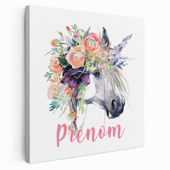 Tableau toile enfants personnalisée avec prénom - Licorne Fleurs