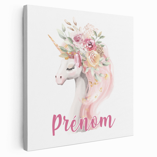 Tableau toile enfants personnalisée avec prénom - Licorne Fleurs