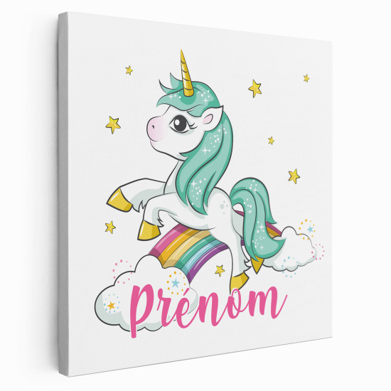 Tableau toile enfants personnalisée avec prénom - Licorne nuages arc-en-ciel