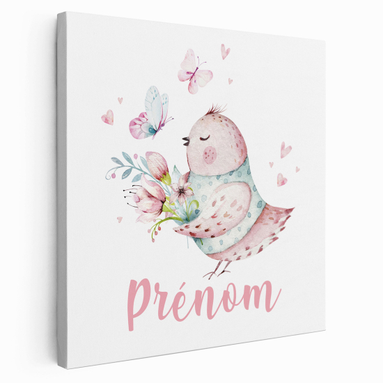 Tableau toile enfants personnalisée avec prénom - Oiseau Papillons