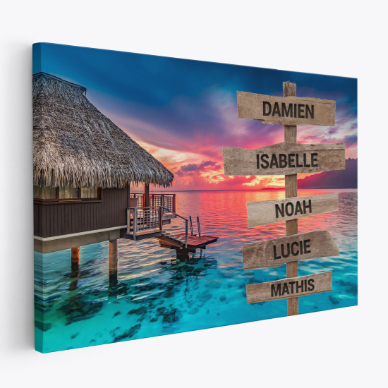 Tableau toile personnalisé avec prénoms - Paradisiaque bungalow flottant