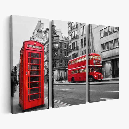 Tableau triptyque sur toile - Cabine et bus londonien