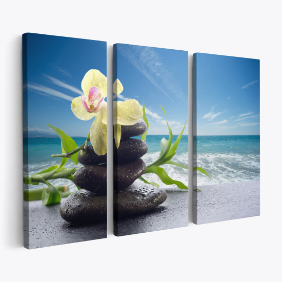 Tableau triptyque sur toile - Fleurs Galets