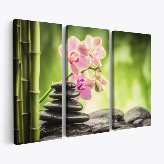 Tableau triptyque sur toile - Galets Orchidées