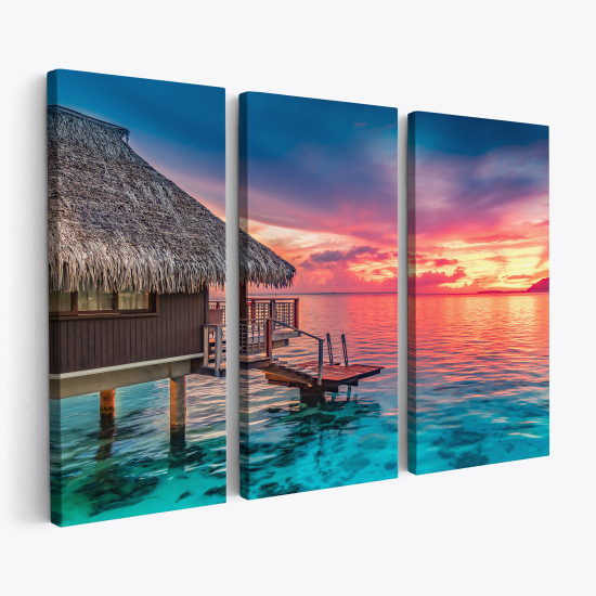 Tableau triptyque sur toile - Paradisiaque bungalow flottant