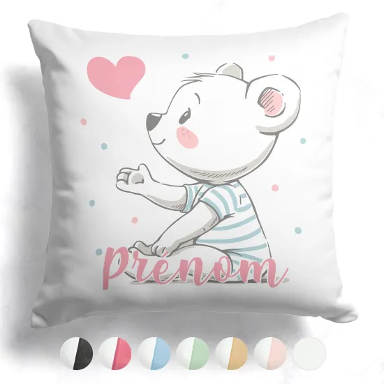 Coussin bicolore personnalisé - Ourson coeur