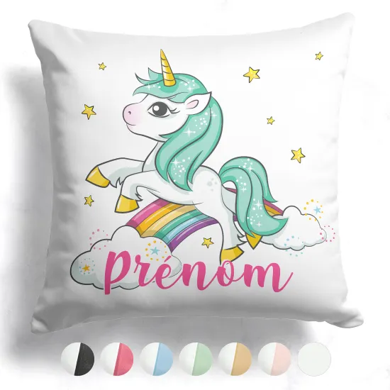 Coussin bicolore personnalisé - Licorne arc-en-ciel