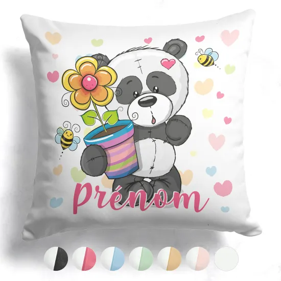 Coussin bicolore personnalisé - Panda avec pot de fleur