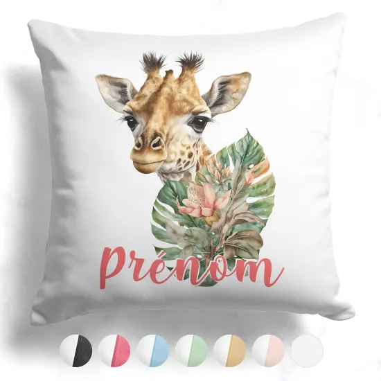 Coussin bicolore personnalisé - Girafe fleurs