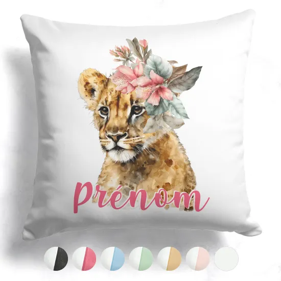 Coussin bicolore personnalisé - Lionceau fleurs - 083