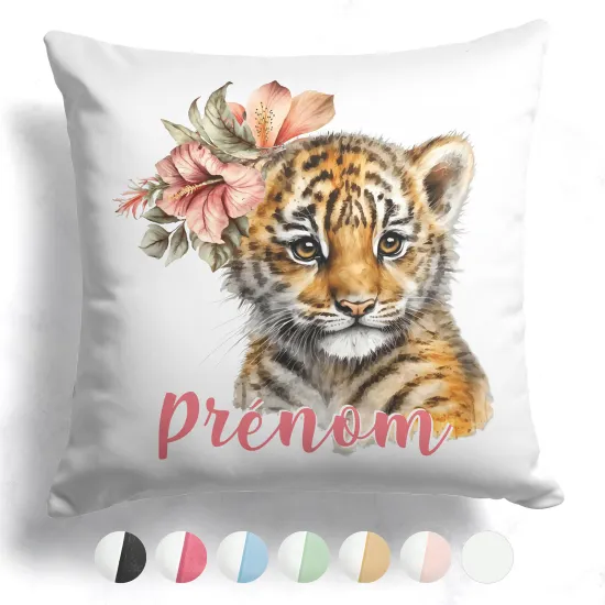 Coussin bicolore personnalisé - Lionceau fleurs